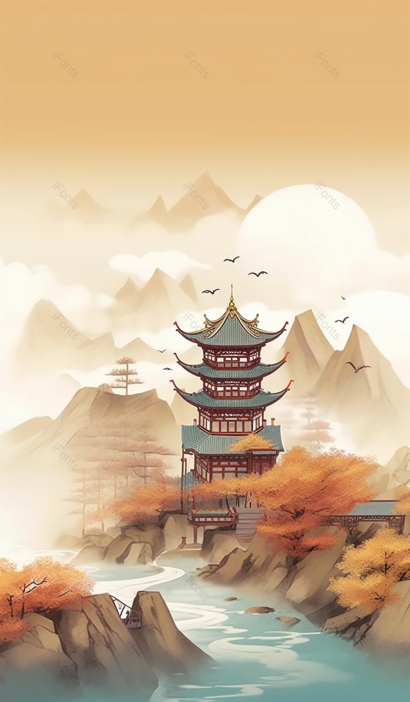 暖色调中国风建筑水墨画,插画/手绘图,插画/手绘图库,插画/手绘图下载,插画/手绘